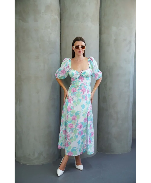 Kadın Çiçek Desnli Karpuz Kollu Yırtmaçlı Midi Elbise