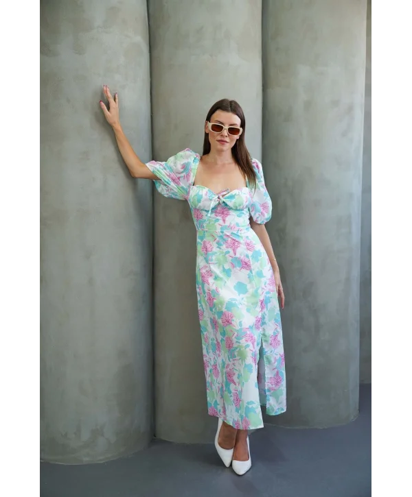 Kadın Çiçek Desnli Karpuz Kollu Yırtmaçlı Midi Elbise