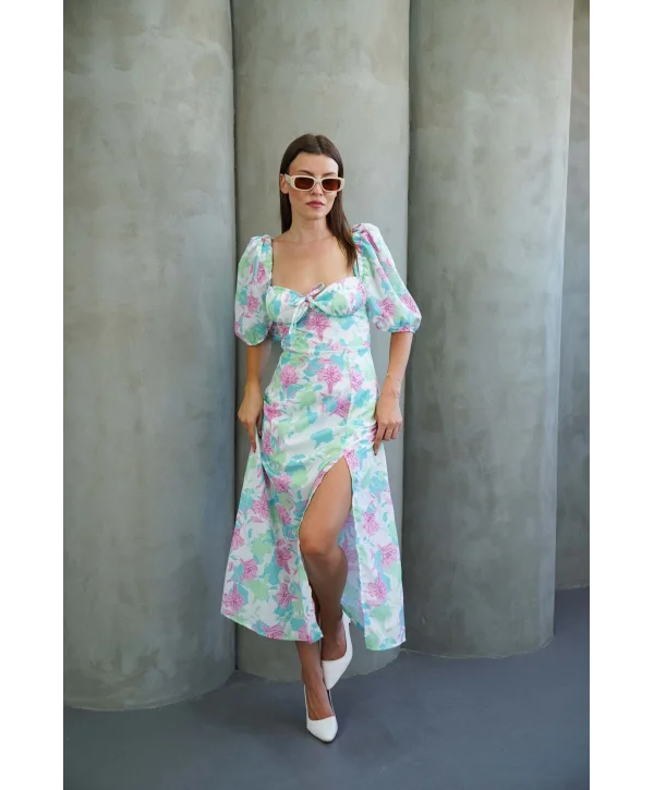 Kadın Çiçek Desnli Karpuz Kollu Yırtmaçlı Midi Elbise