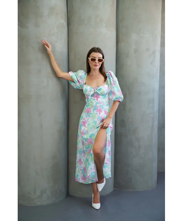 Kadın Çiçek Desnli Karpuz Kollu Yırtmaçlı Midi Elbise