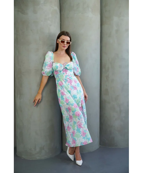 Kadın Çiçek Desnli Karpuz Kollu Yırtmaçlı Midi Elbise