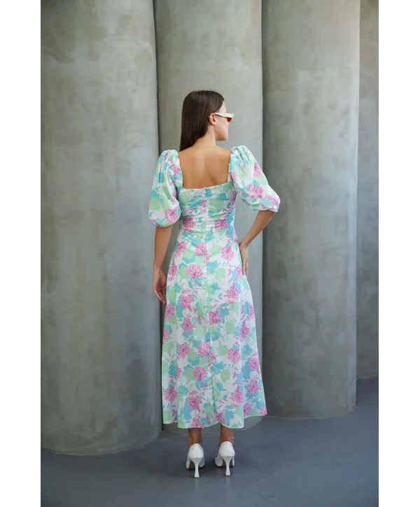 Kadın Çiçek Desnli Karpuz Kollu Yırtmaçlı Midi Elbise