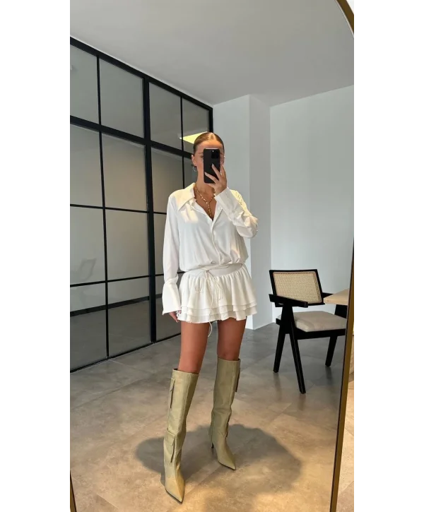 Kadın Beyaz Gömlek Yaka Volanlı Pileli Mini Elbise