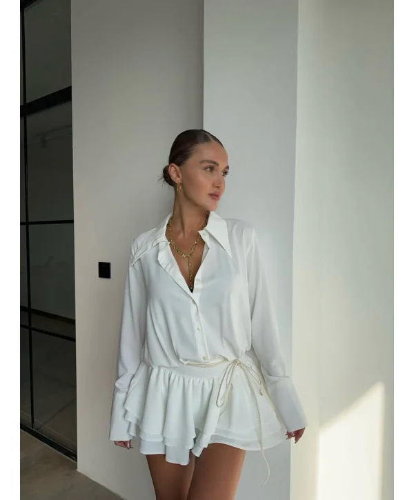 Kadın Beyaz Gömlek Yaka Volanlı Pileli Mini Elbise