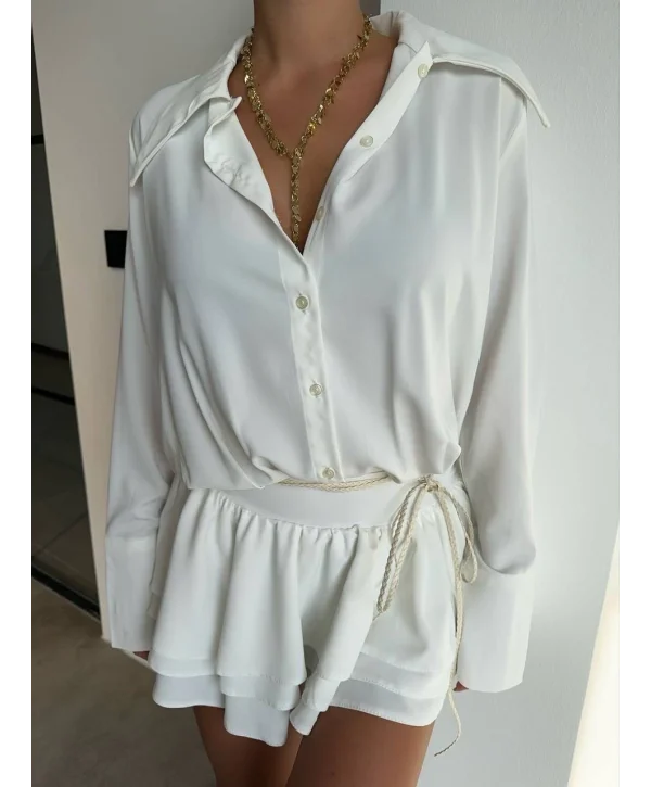 Kadın Beyaz Gömlek Yaka Volanlı Pileli Mini Elbise