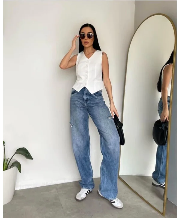 Kadın Düğmeli Klasik Beyaz Yelek