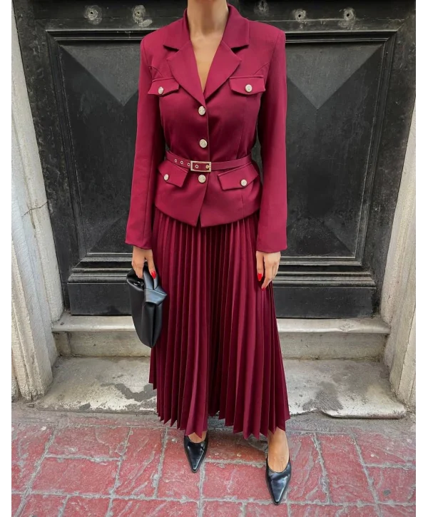 Kadın Bordo Kemerli Blazer Ceket ve Pilliseli Takım