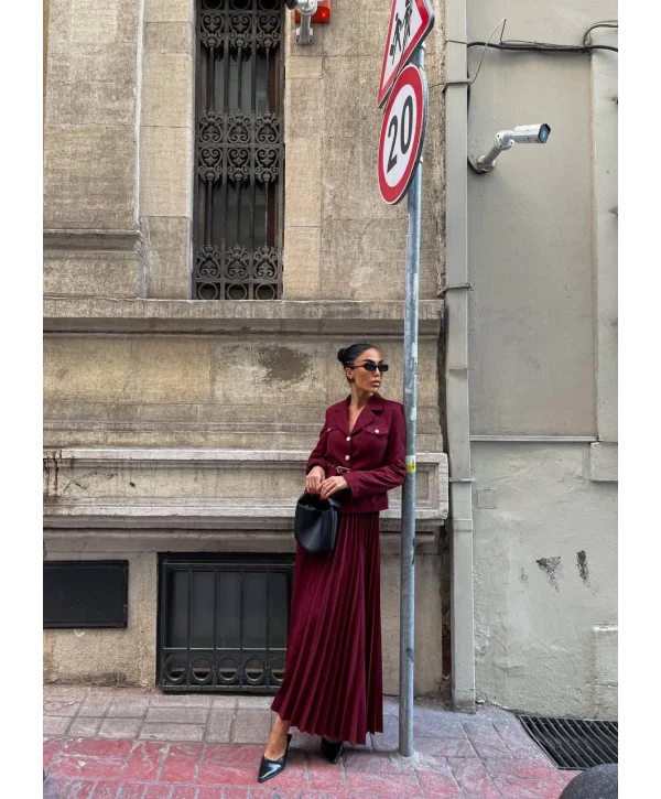 Kadın Bordo Kemerli Blazer Ceket ve Pilliseli Takım