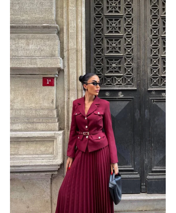 Kadın Bordo Kemerli Blazer Ceket ve Pilliseli Takım