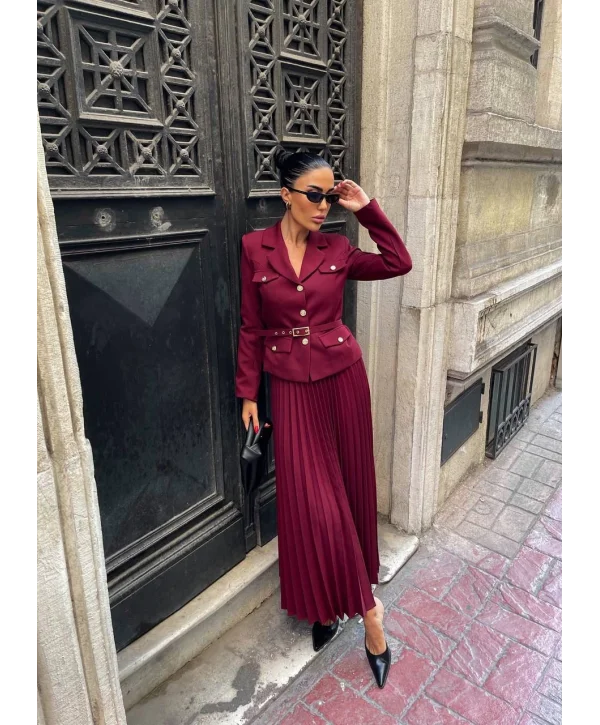 Kadın Bordo Kemerli Blazer Ceket ve Pilliseli Takım