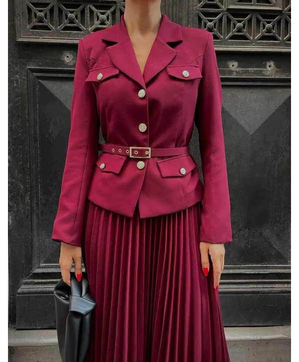 Kadın Bordo Kemerli Blazer Ceket ve Pilliseli Takım
