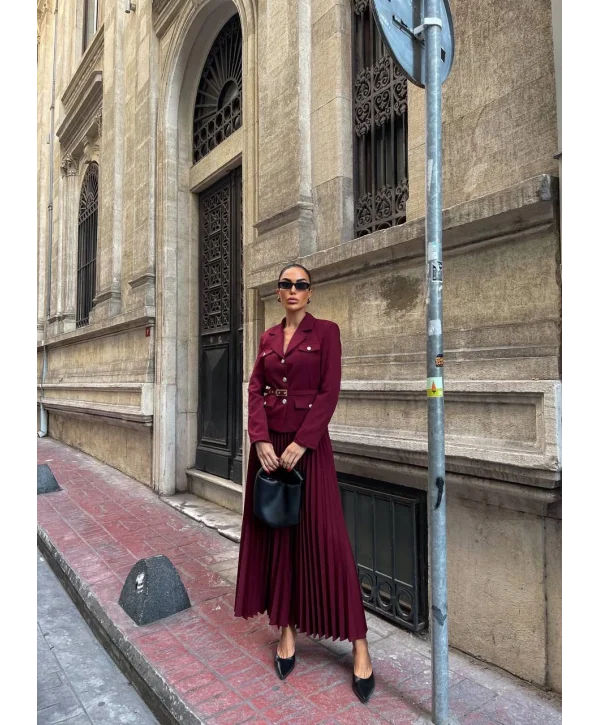 Kadın Bordo Kemerli Blazer Ceket ve Pilliseli Takım