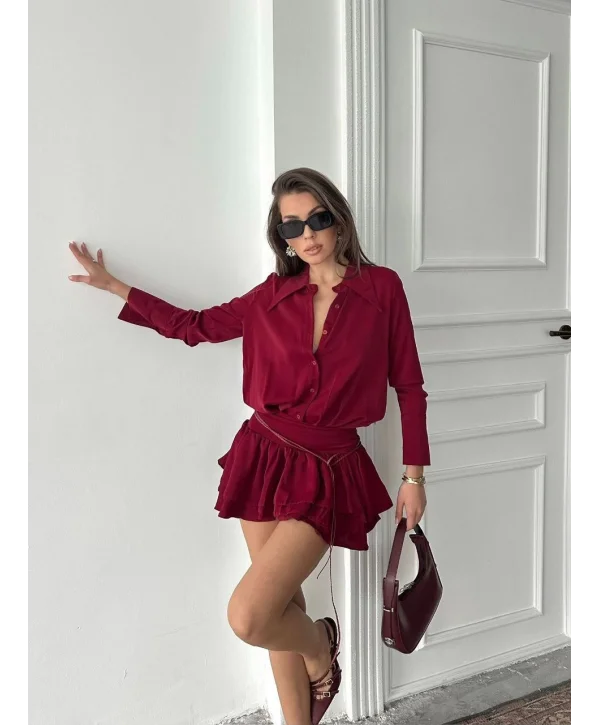 Kadın Bordo Gömlek Yaka Volanlı Pileli Mini Elbise