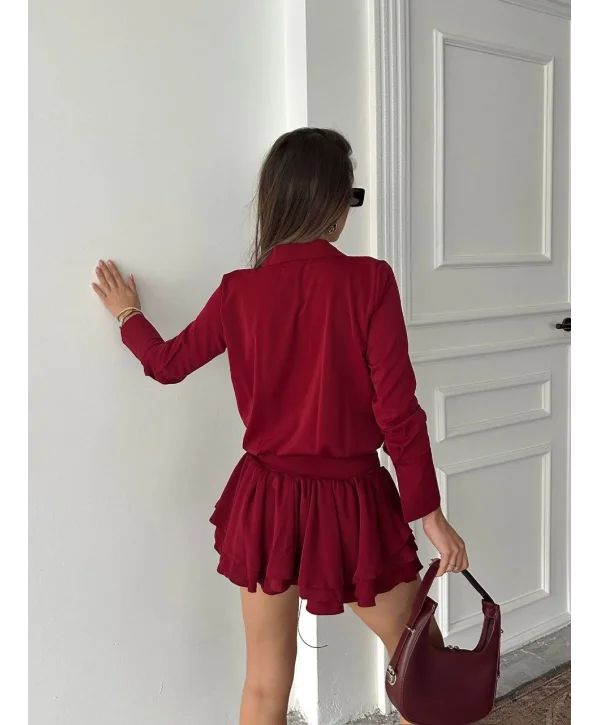 Kadın Bordo Gömlek Yaka Volanlı Pileli Mini Elbise