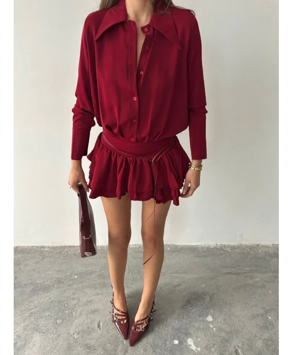 Kadın Bordo Gömlek Yaka Volanlı Pileli Mini Elbise