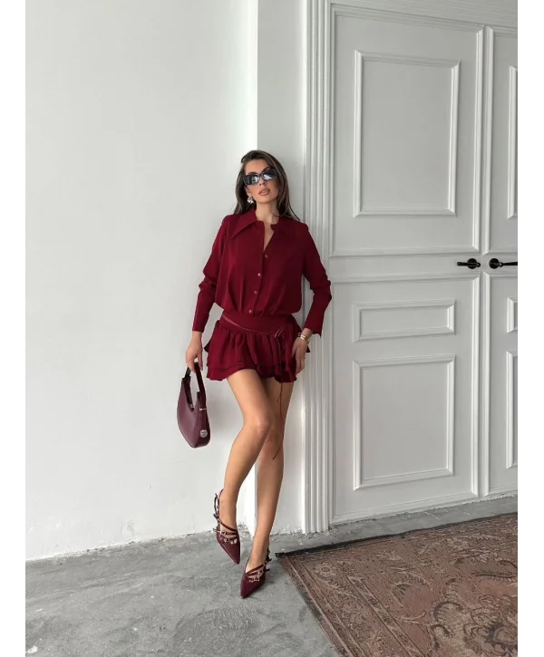 Kadın Bordo Gömlek Yaka Volanlı Pileli Mini Elbise