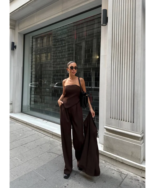 Kadın Ceket Straplez Bluz ve Palazzo Pantolon 3lü Takım