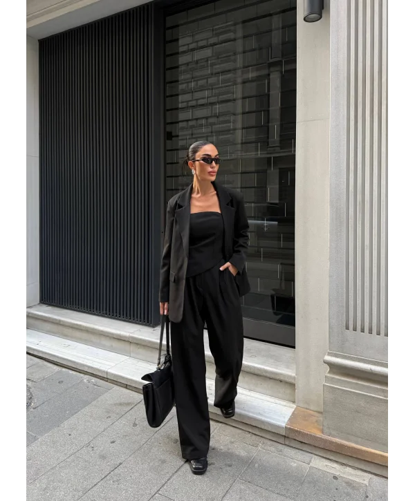 Kadın Ceket Straplez Bluz ve Palazzo Pantolon 3lü Takım