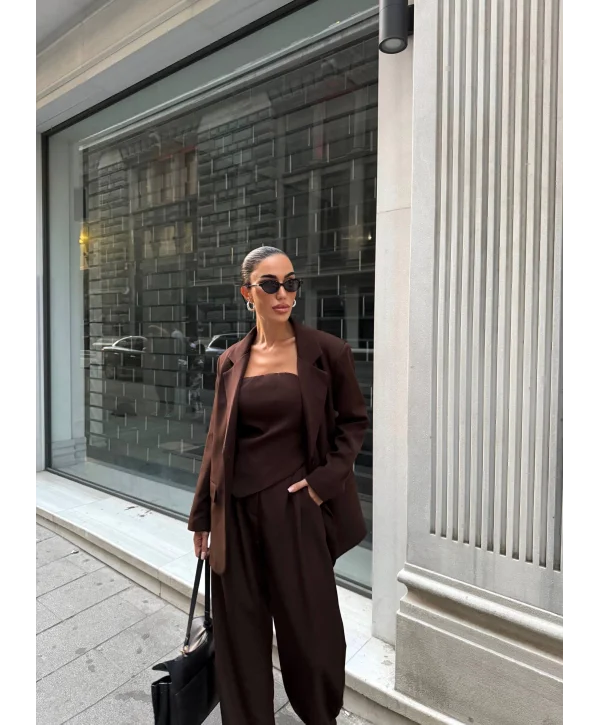 Kadın Ceket Straplez Bluz ve Palazzo Pantolon 3lü Takım