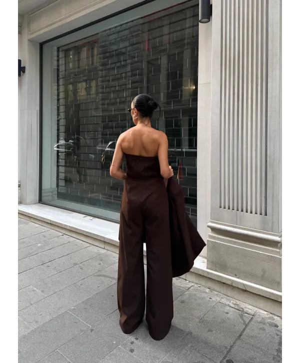 Kadın Ceket Straplez Bluz ve Palazzo Pantolon 3lü Takım