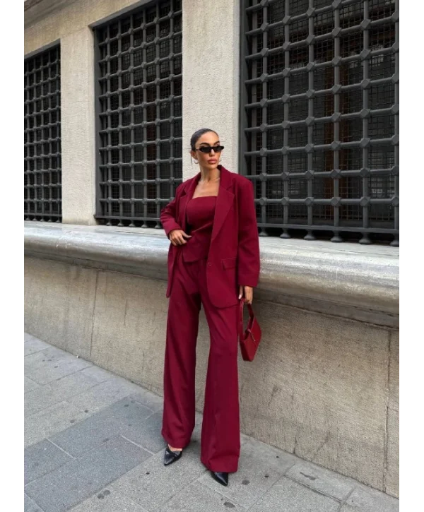 Ceket Straplez Bluz ve Palazzo Pantolon 3lü Takım
