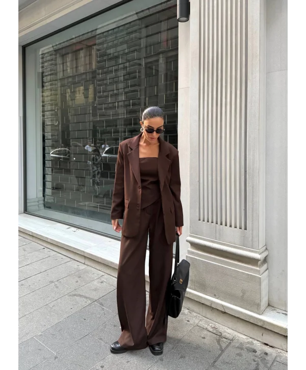 Kadın Ceket Straplez Bluz ve Palazzo Pantolon 3lü Takım