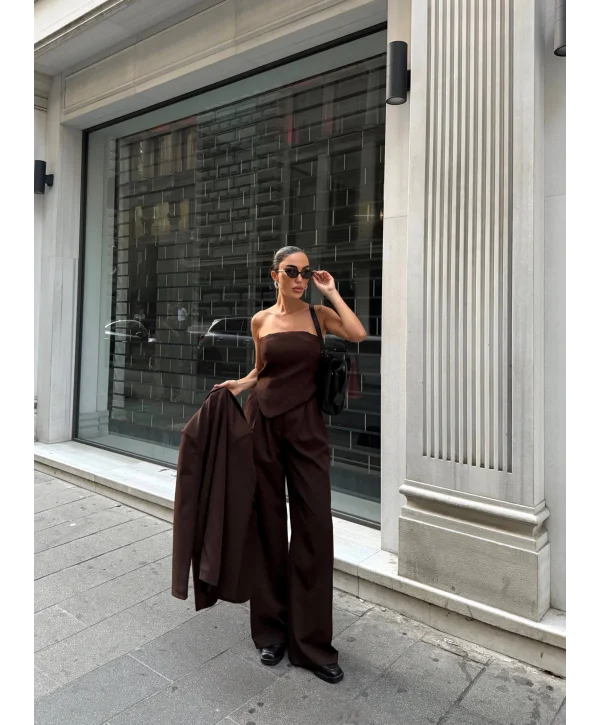 Kadın Ceket Straplez Bluz ve Palazzo Pantolon 3lü Takım