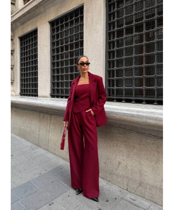 Ceket Straplez Bluz ve Palazzo Pantolon 3lü Takım