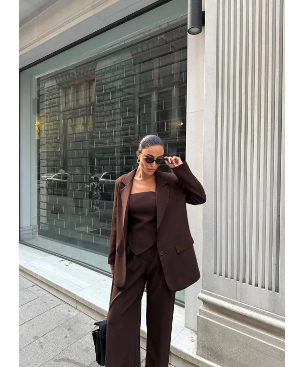 Kadın Ceket Straplez Bluz ve Palazzo Pantolon 3lü Takım