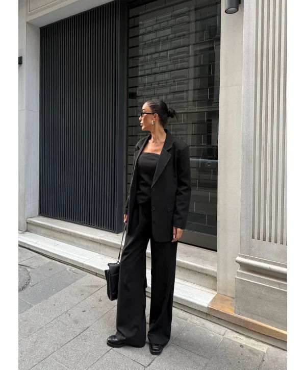 Kadın Ceket Straplez Bluz ve Palazzo Pantolon 3lü Takım