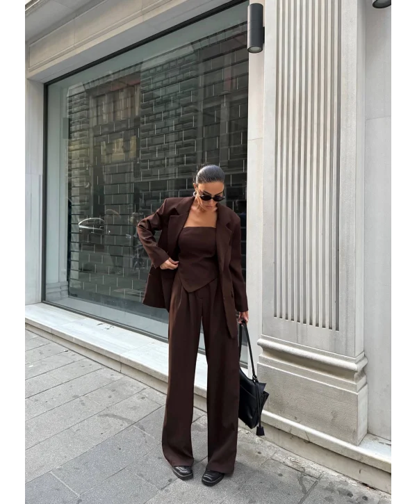 Kadın Ceket Straplez Bluz ve Palazzo Pantolon 3lü Takım