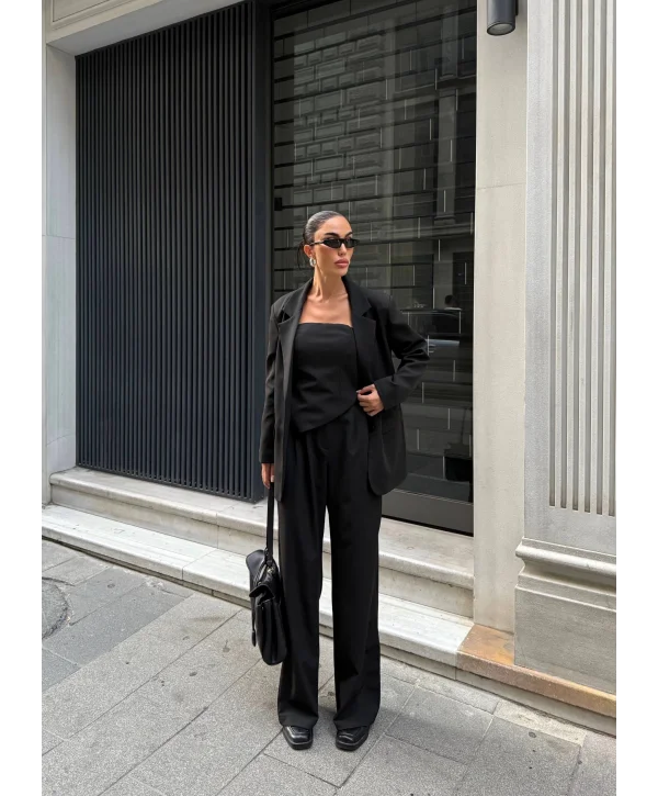 Kadın Ceket Straplez Bluz ve Palazzo Pantolon 3lü Takım