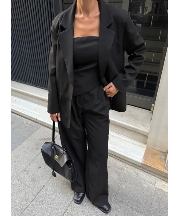 Kadın Ceket Straplez Bluz ve Palazzo Pantolon 3lü Takım