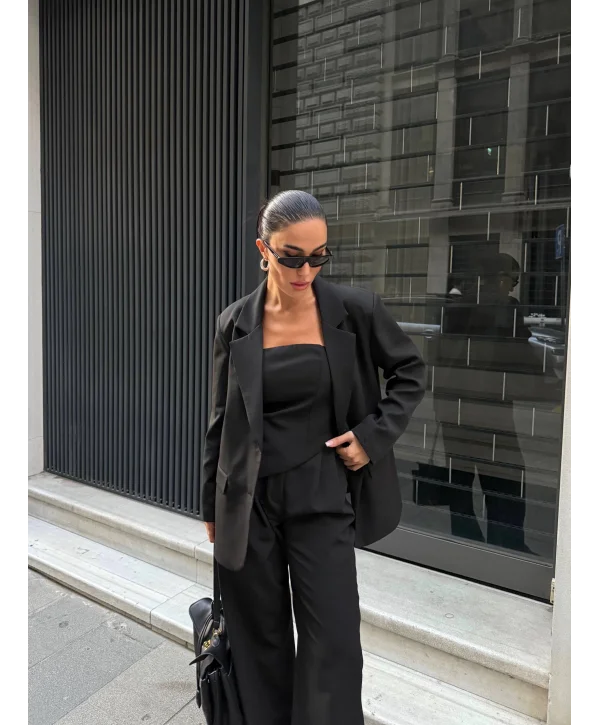 Kadın Ceket Straplez Bluz ve Palazzo Pantolon 3lü Takım