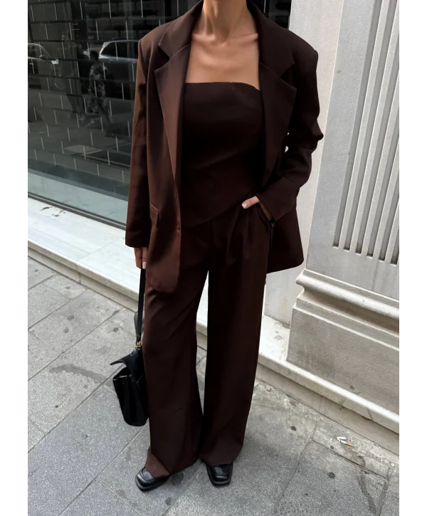 Kadın Ceket Straplez Bluz ve Palazzo Pantolon 3lü Takım