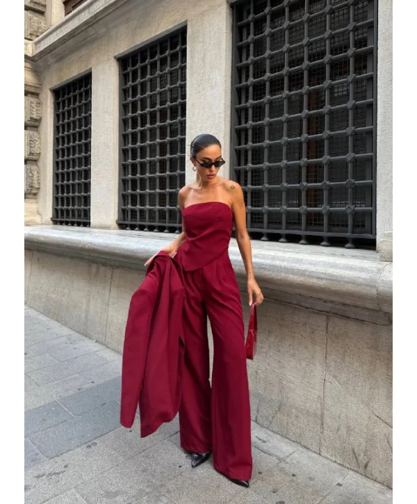 Ceket Straplez Bluz ve Palazzo Pantolon 3lü Takım