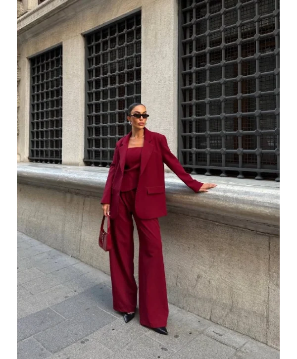 Ceket Straplez Bluz ve Palazzo Pantolon 3lü Takım