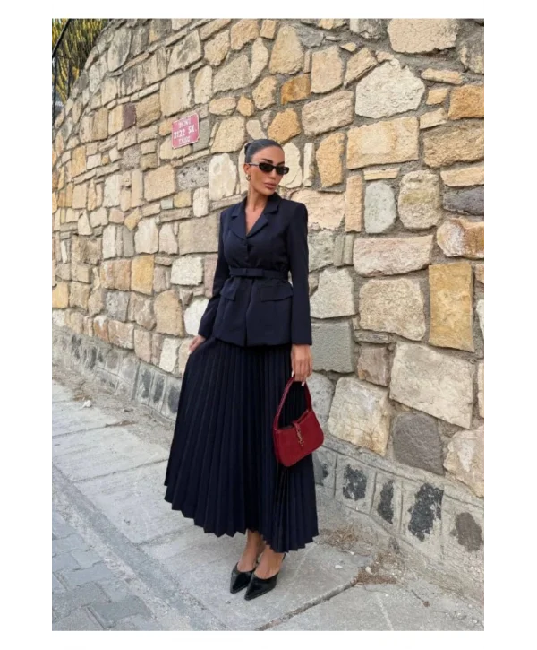 Kadın Belden Kemerli Şık Takım-Blazer&Piliseli Etek