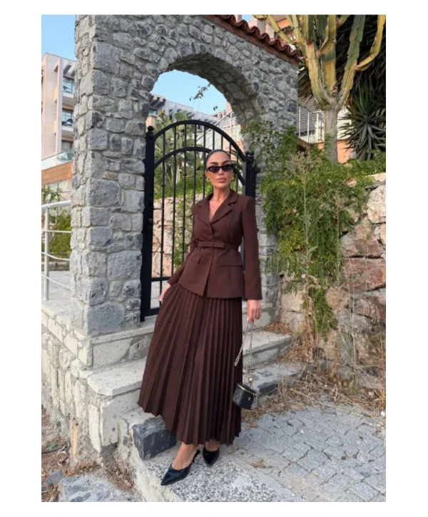Kadın Belden Kemerli Şık Takım-Blazer&Piliseli Etek