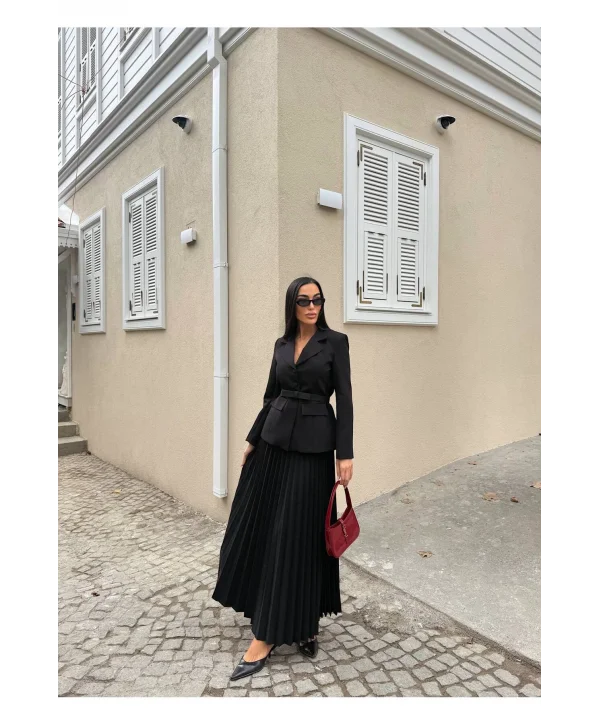 Kadın Belden Kemerli Şık Takım-Blazer&Piliseli Etek