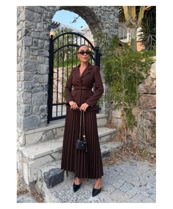 Kadın Belden Kemerli Şık Takım-Blazer&Piliseli Etek