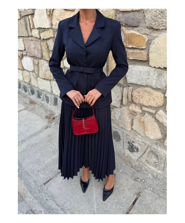 Kadın Belden Kemerli Şık Takım-Blazer&Piliseli Etek