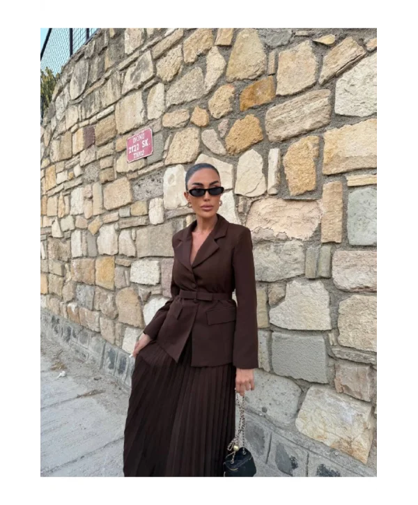 Kadın Belden Kemerli Şık Takım-Blazer&Piliseli Etek