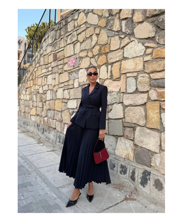 Kadın Belden Kemerli Şık Takım-Blazer&Piliseli Etek