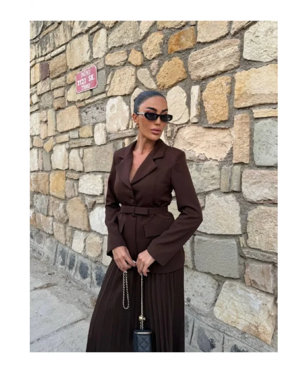 Kadın Belden Kemerli Şık Takım-Blazer&Piliseli Etek
