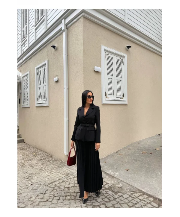 Kadın Belden Kemerli Şık Takım-Blazer&Piliseli Etek