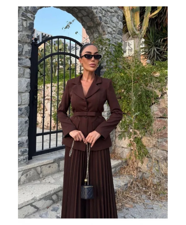 Kadın Belden Kemerli Şık Takım-Blazer&Piliseli Etek