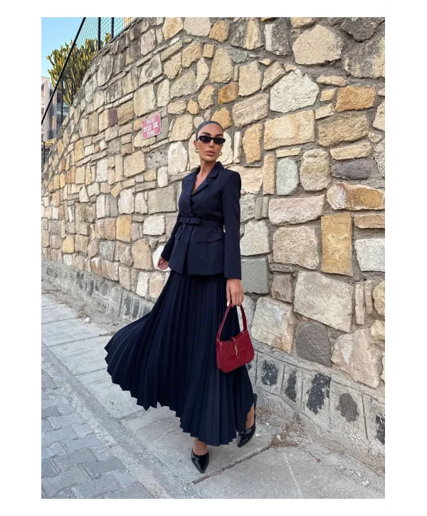 Kadın Belden Kemerli Şık Takım-Blazer&Piliseli Etek