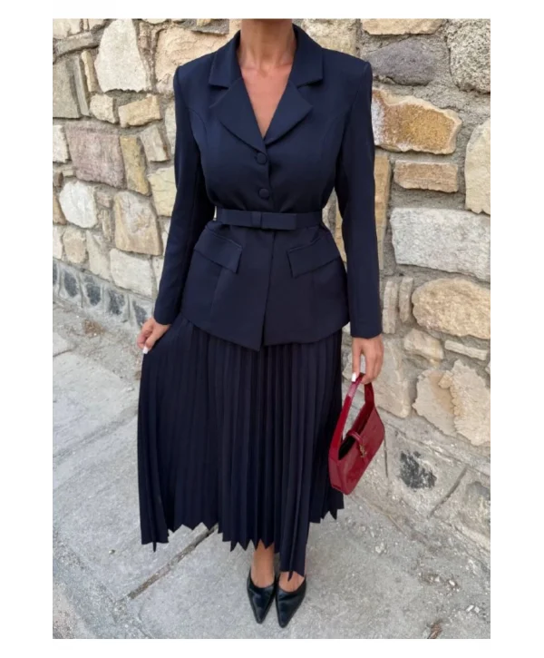 Kadın Belden Kemerli Şık Takım-Blazer&Piliseli Etek