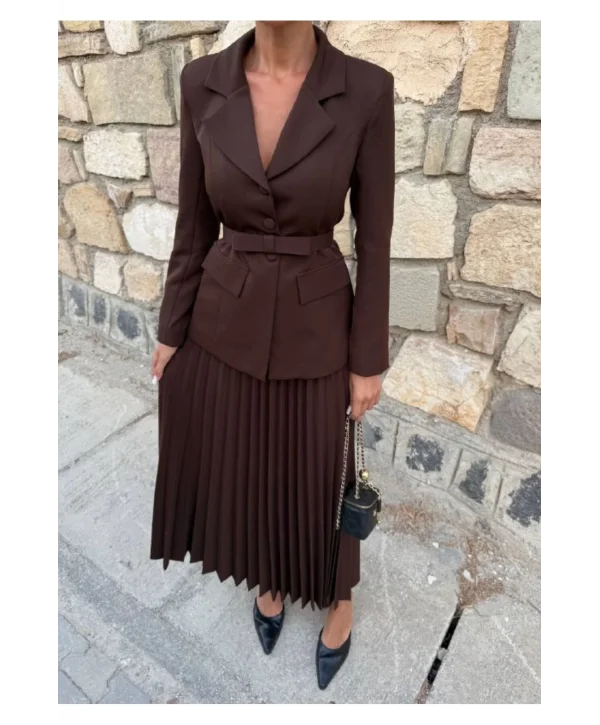Kadın Belden Kemerli Şık Takım-Blazer&Piliseli Etek